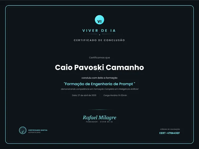 Certificado Formação de Engenharia de Prompt, emitido por Viver de IA
