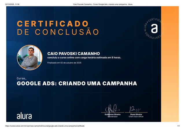 Certificado Google Ads: criando uma campanha, emitido por Alura